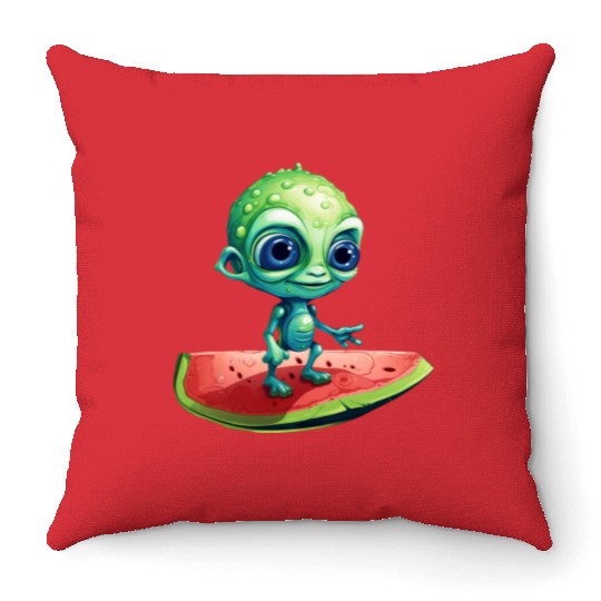 Green Alien Meets Watermelon: Exotic Encounter Throw Pillows