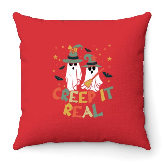 Retro Vintage Ghost Witch Lazy Creepy Halloween Throw Pillows