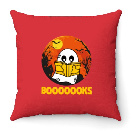 Boooks Ghost Halloween Bookworm Librarian Teacher Throw Pillows