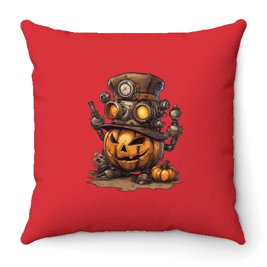 Steampunk Halloween: The pumpkin of the future Throw Pillows