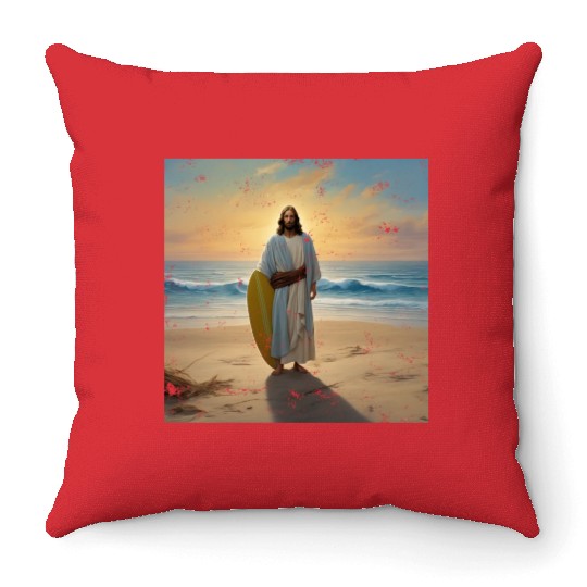 Surfing Jesus Throw Pillows