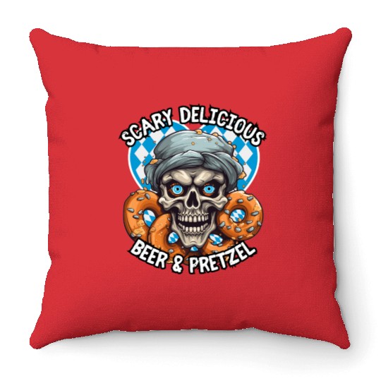Skull beer and pretzel - Scary delicious Throw Pillows