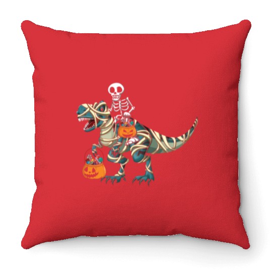 Skeleton Dinosaur Pumpkin Cool Creepy Halloween Throw Pillows