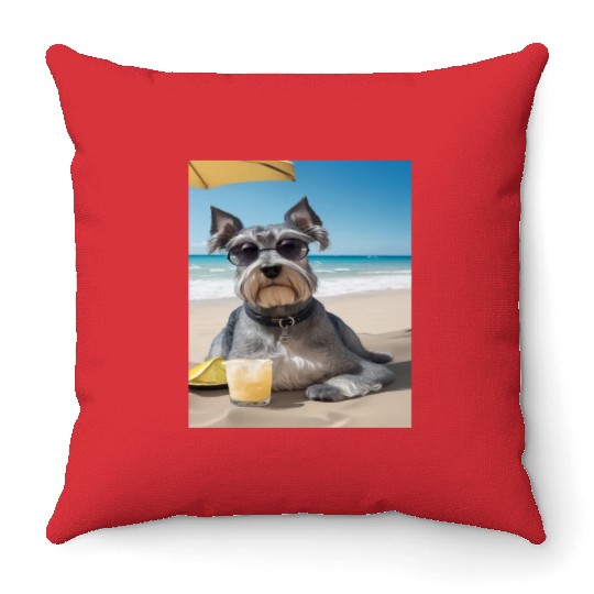 Schnauzer Chilling at Beach with a Drink Throw Pillows