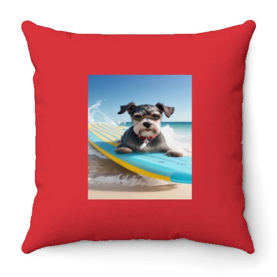 Schnauzer Surfing at Beach On A Surfboard Throw Pillows