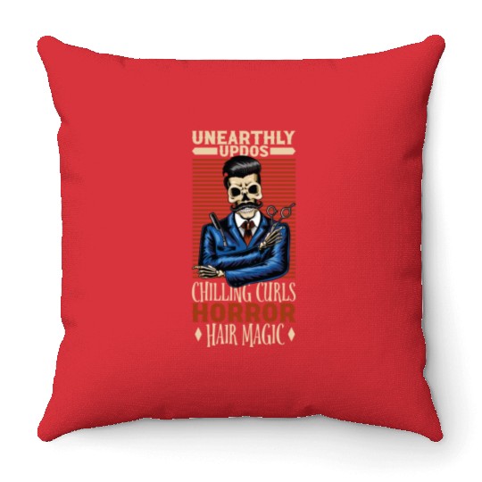Horror Barber Spooky Hairdresser Hairstylist Hair Throw Pillows