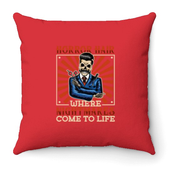 Horror Barber Spooky Hairdresser Hairstylist Hair Throw Pillows