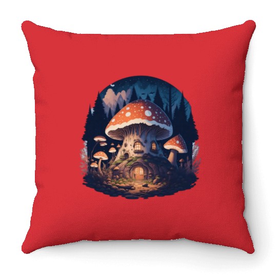 Mushroom house Throw Pillows