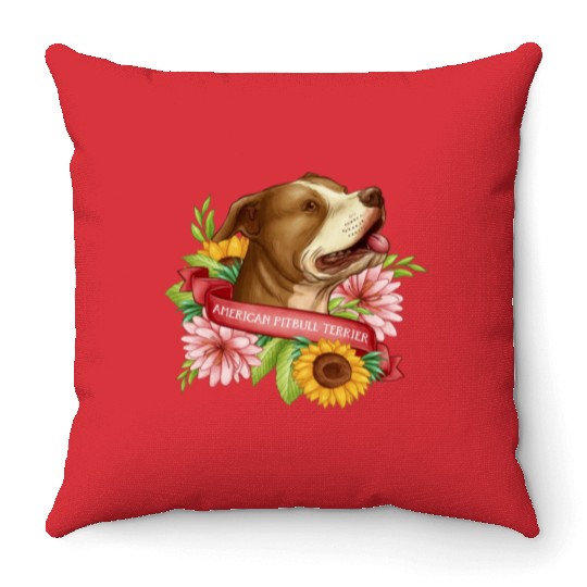 Hand drawn pitbull with flower hoop Throw Pillows