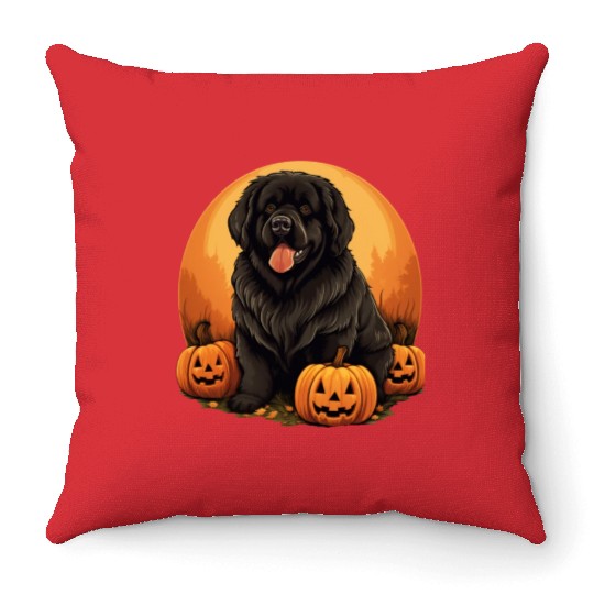 Newfoundland Dog Pumpkin Lazy Halloween Party Throw Pillows