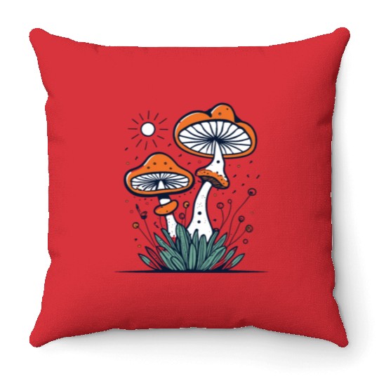 mushroom with Vintage Frog in Fall Woods Throw Pillows
