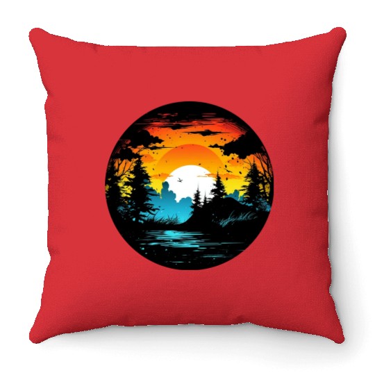 Riverside Twilight in the Forest Throw Pillows
