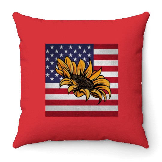 Sunflower Gardening Us Flag Throw Pillows