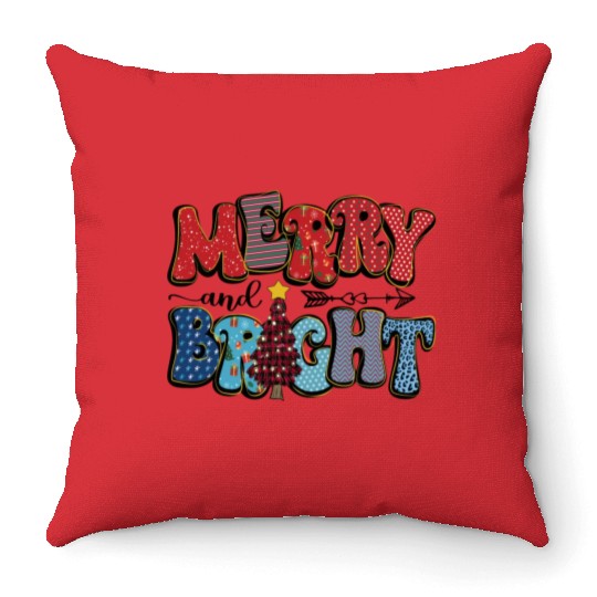 Merry and Bright Chistmas Tree Family Christmas Throw Pillows