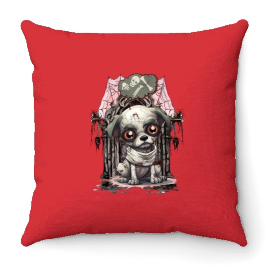 HalloweeChihuahua Mummy Dreaming of Skeleton Bones Throw Pillows