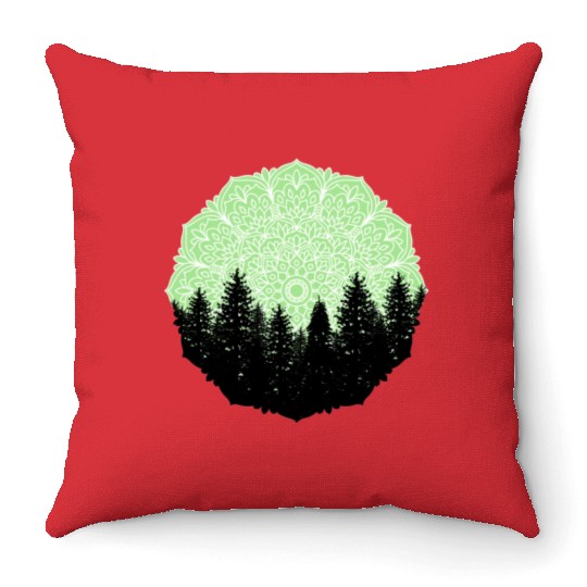 Green Forest Mandala Pacific Northwest Throw Pillows