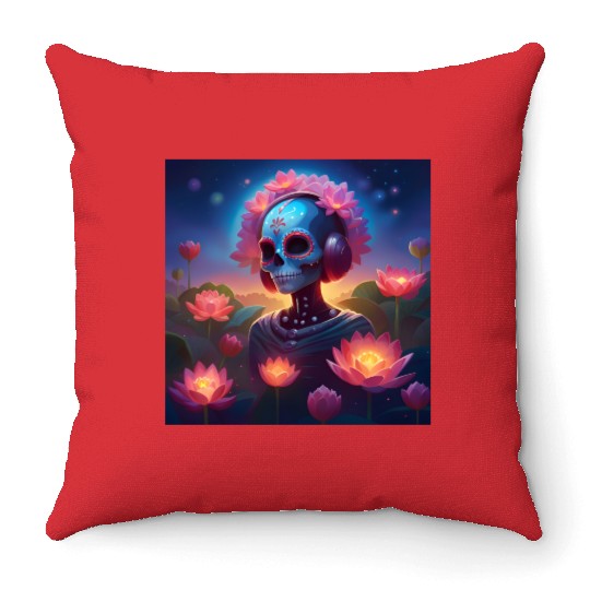 Sugar Skull Lotus Melody Medley Throw Pillows