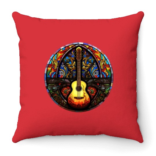 Unique Holy Guitar Art Design - Stained Glass Art Throw Pillows