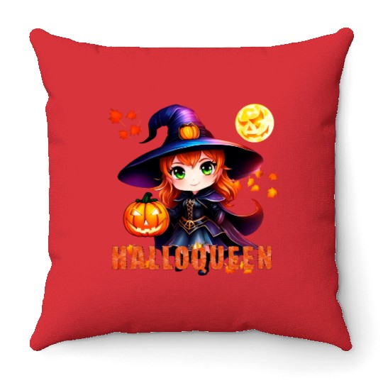 Hallo Queen Witch in a hat Throw Pillows