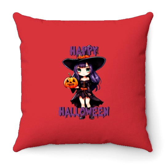 Happy Halloween purple witch Throw Pillows