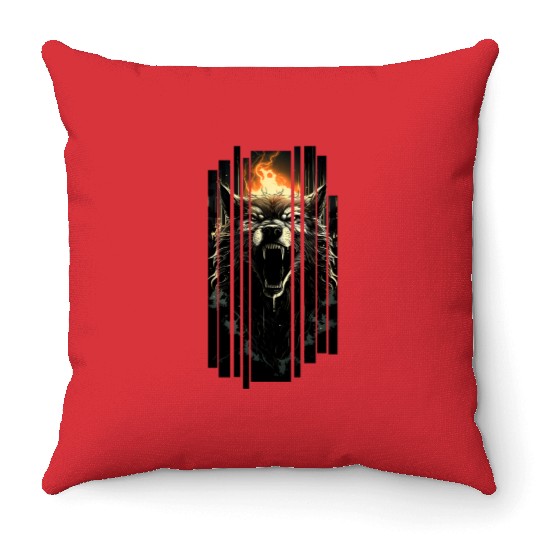 Fierce Wolf In The Dark Jungle Graphic Throw Pillows