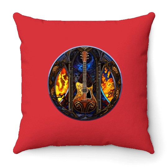 Stained Glass Design - Guitar in Stained Glass Pa Throw Pillows
