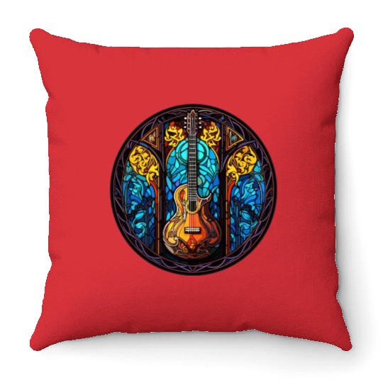Guitar Stained Glass Art - Men Women Guitar Throw Pillows