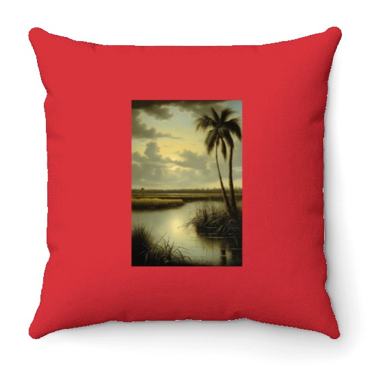 Tropical Landscape with Palm Tree and Water Throw Pillows