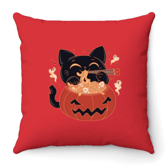 Kawaii Creepy black Cat Eating Ramen Noodles Throw Pillows