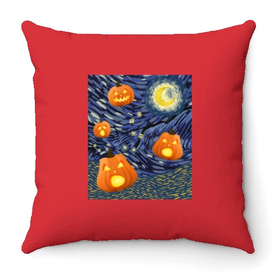 Starry Night with Pumpkins Funny Halloween Art Throw Pillows