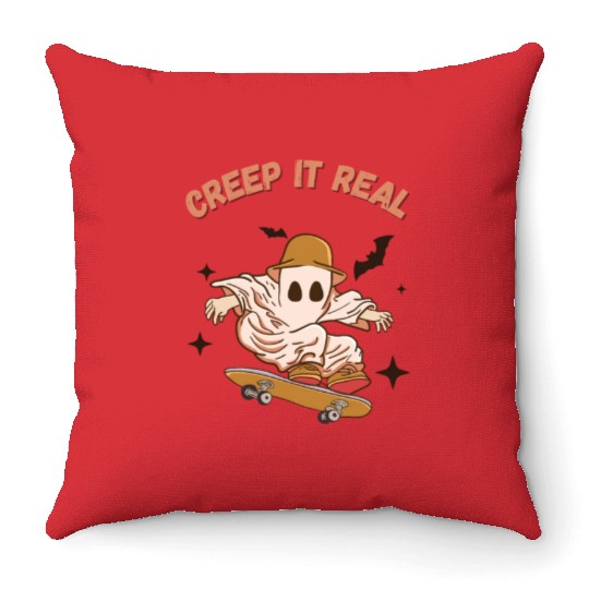 Halloween Creep It Real Retro Skateboarding Ghost Throw Pillows