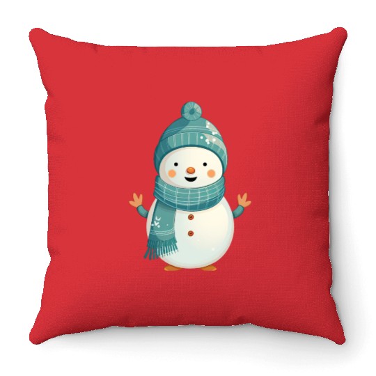 Cute Snowman with Green Beanie and Scarf Throw Pillows