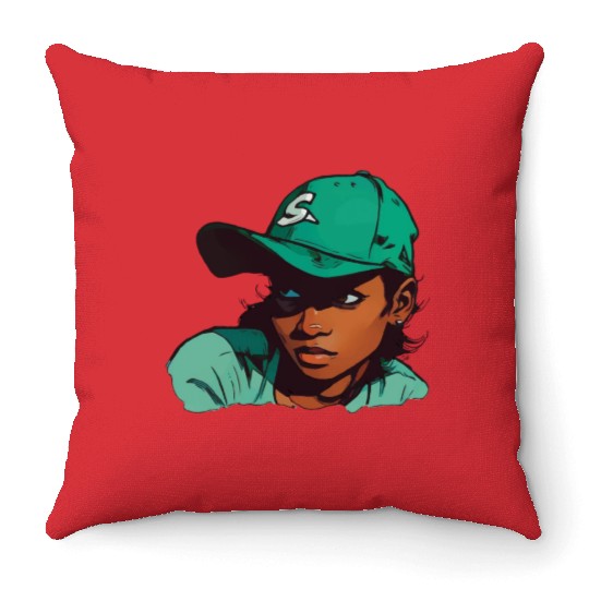 Light Skin Girl in Baseball Hat Throw Pillows