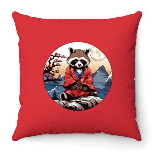 tanuki raccoon dog in kimono in anime style Throw Pillows
