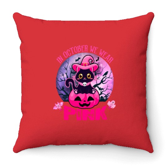 In October We Wear Pink Cute Black Cat Pumpkin Throw Pillows
