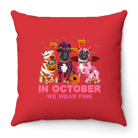In October We Wear Pink Pumpkin Pitbull Throw Pillows