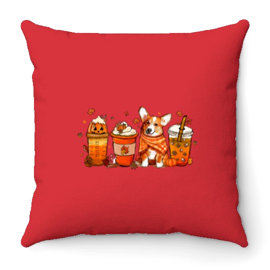Fall Coffee with Corgi Pumpkin Spice Latte Lovers Throw Pillows
