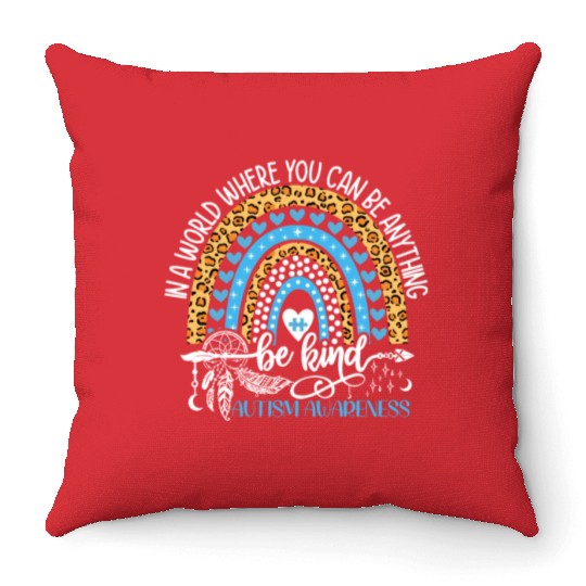 Be Kind Autism Awareness Throw Pillows Leopard Rainbow