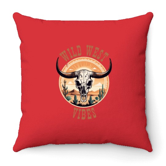 Vintage Cow Skull Wild West Vibes Throw Pillows