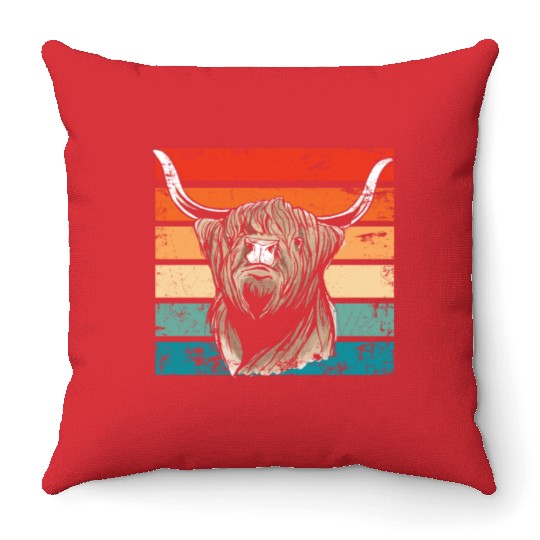 Retro Scottish Highland Cow Outfit Throw Pillows