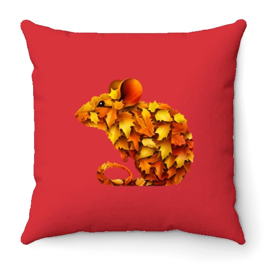 Cute mouse made of colorful autumn leaves Throw Pillows