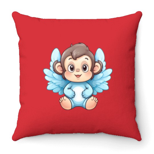 monkey chimpanzee angel wings cute kawaii Throw Pillows