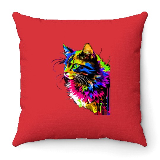 Rainbow Cat Realistic Watercolor Cute Cat Paint Throw Pillows