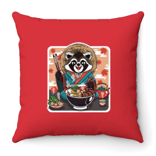 Tanuki Autumn Ramen Throw Pillows