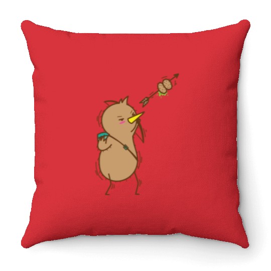 Kiwi with Bow and Arrow Bird and Fruit Throw Pillows