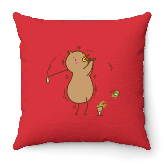 Kiwi playing Golf Kiwi Bird and Fruit Throw Pillows
