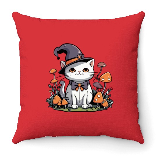 Whimsical Witch Cat with Mushrooms Throw Pillows