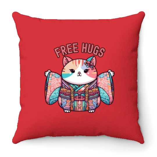 Free hugs from Japanese cat Throw Pillows