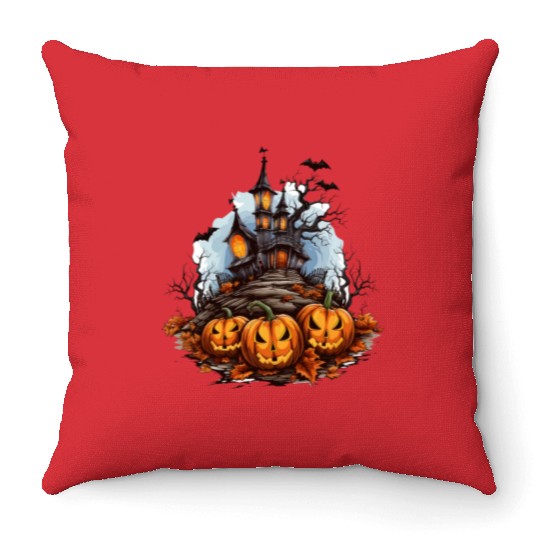 Halloween Pumpkin Bat Spell Haunted House Throw Pillows