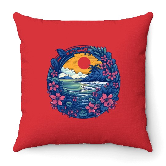 Flower Blossoms By Ocean Surfing Throw Pillows